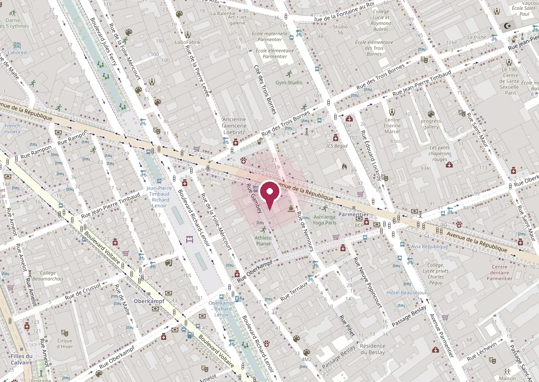 Plan du quartier situant l'Institut O Zen Etre au 36 avenue de la République, entre République et Parmentier